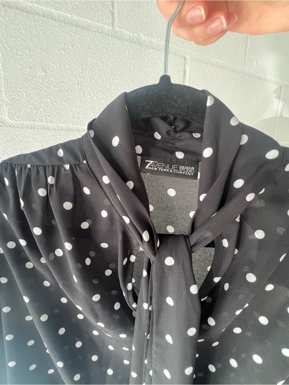 Avenue Black and White Polka Dot Tie-Neck Blouse - Picture 6 of 8